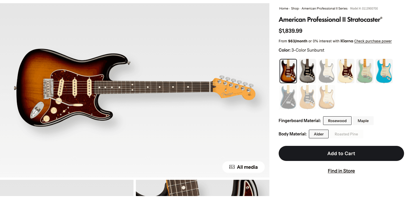 Custom PDP Media Gallery Across Fender and Sub-Brands screenshot